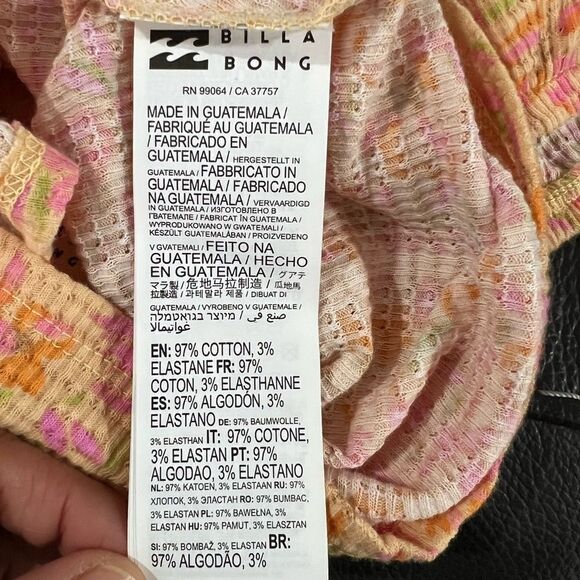 New! Billa Bong Peasant Croped Rushed Floral Print Orange Women’s Top Sz L - Picture 8 of 11